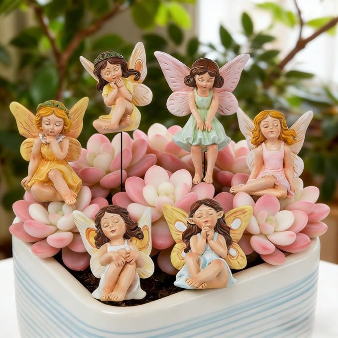 6PCS Fairy Garden Decor Fairies,Yard Sculpture Lawn Ornament Mini Garden Art Outdoor Decor Accessories with Lantern (6 Resin Fairies)