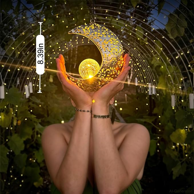 Solar Hanging Lights for Outside Garden,Outdoor Metal Lanterns Sun Moon Lamp, Large Decorations for Yard Garden Patio Proch Tree Wall, Christmas Gifts for Women Mom