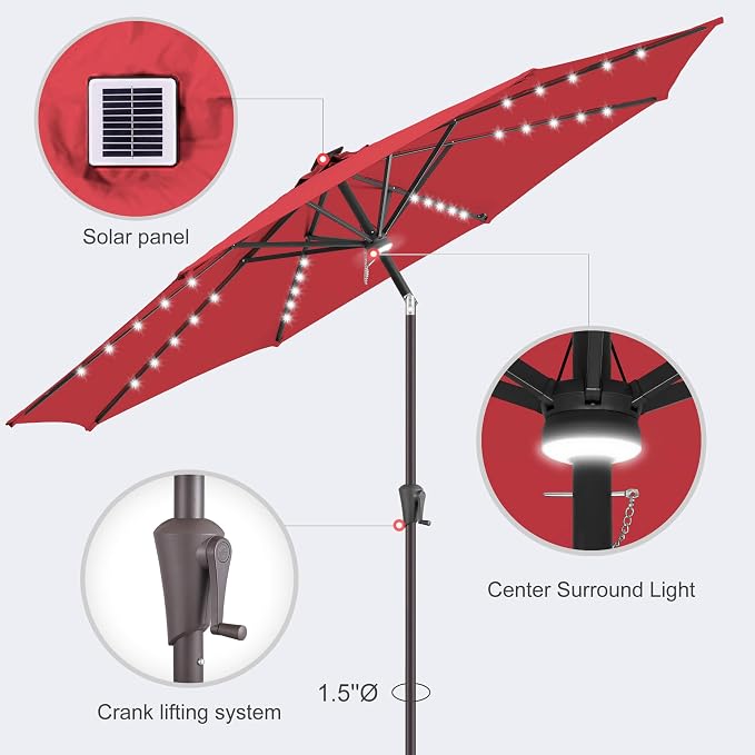 10ft Solar Umbrella Outdoor - Lighted Solar Patio Umbrella with 40 LED Lights Waterproof UV Protection, Table Umbrella with Tilt for Pool, Porch, Garden, Deck, Backyard (Red)