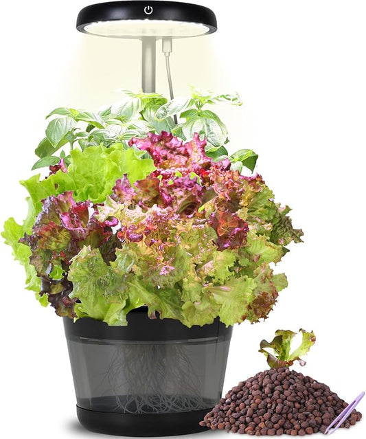 Indoor Clay Pebbles Hydroponic Gardening System with 20W LED Plant Grow Light.The Translucent hydroponic Growing System for Hydroponic Herbs, Vegetables, Lettuce Harvest on Countertop for Mother's Day