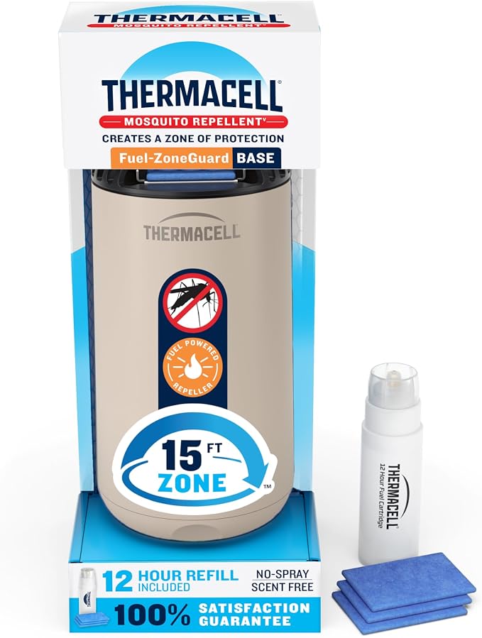 Thermacell Fuel-ZoneGuard Base Fuel Powered Mosquito Repeller; 15-Foot Zone of Scientifically Proven Outdoor Protection; Patio Shield; 12-Hr Refill; DEET-Free; Bug Spray Alternative; Scent-free; Linen