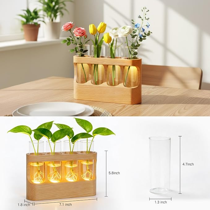 OUTON Rechargeable Plant Propagation Station with LED Light, Wooden Propagation Vase Set with Glass Tubes, Lighted Plant Terrarium for Indoor Plant Cuttings, Gift for Plant Lovers
