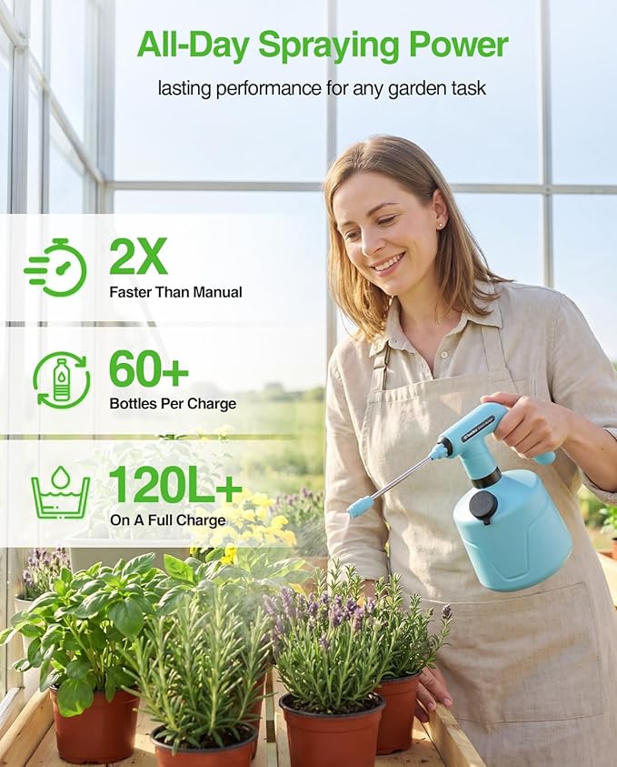 TaskStar Electric Spray Bottle 2L/0.5 Gallon, Battery Powered Garden Sprayer, Rechargeable and Automatic Mister Spray Bottle for Plants with Independent Water Inlet, Outdoor and Indoor Plants Sprayer