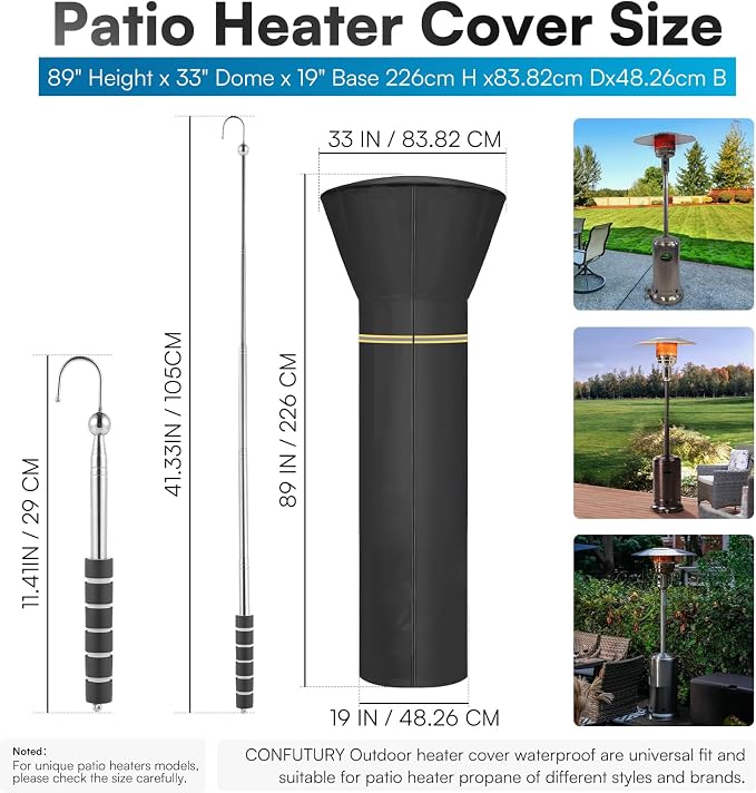 Patio Heater Cover - 420D Heavy-Duty Waterproof Anti-UV Fabric, Windproof Design with Zipper, Top Vent & Hem Drawstring,Outdoor Heater Cover Fit for Most Patio Heaters & Radiators