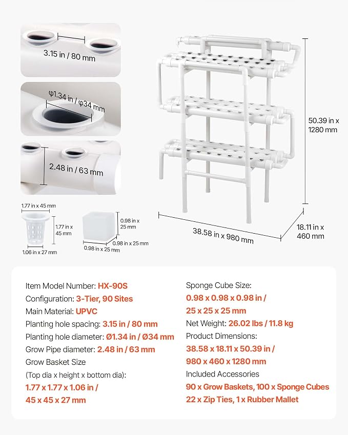 VEVOR Hydroponics Growing System Kit, 3-Tier 90 Sites UPVC Pipe Hydroponic Grow Kit with Timed Irrigation, Sun & Light Blocking Pipes, Indoor Home Garden Vegetable Planting Grow Kits for Fruit Herb