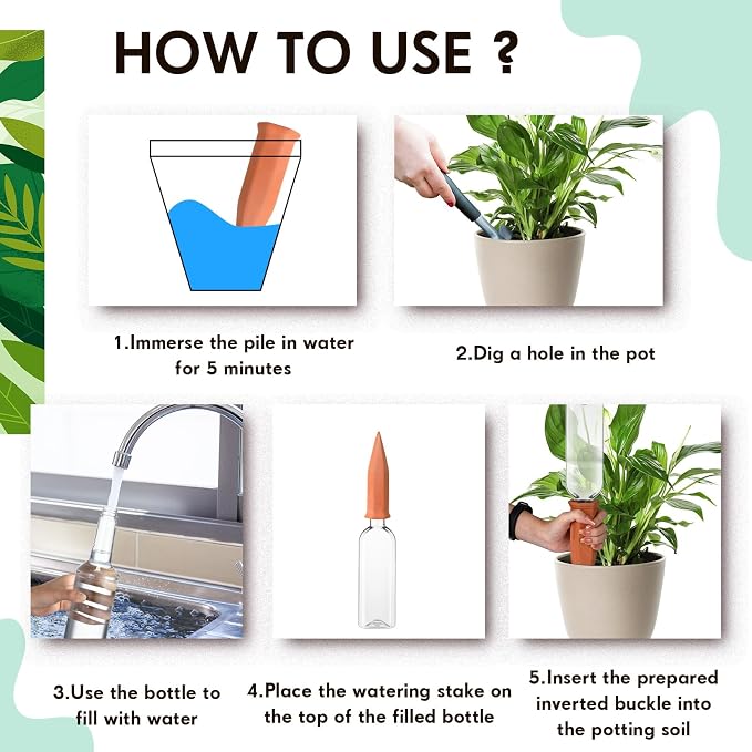 Ziliny 6 Sets Plant Watering Devices 6 Pcs Self Watering Spikes 6 Pcs 25 oz Plastic Bottles Slow Release Automatic Waterer Empty Liquor Bottles Terracotta Spikes for Vacation Plant (Ceramic Color)