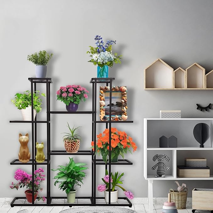 MTB Garden 4 Tier 11 Potted Metal Large Plant Stand for Indoor Outdoor Flower Pot Display Planter Shelf, Charcoal Grey