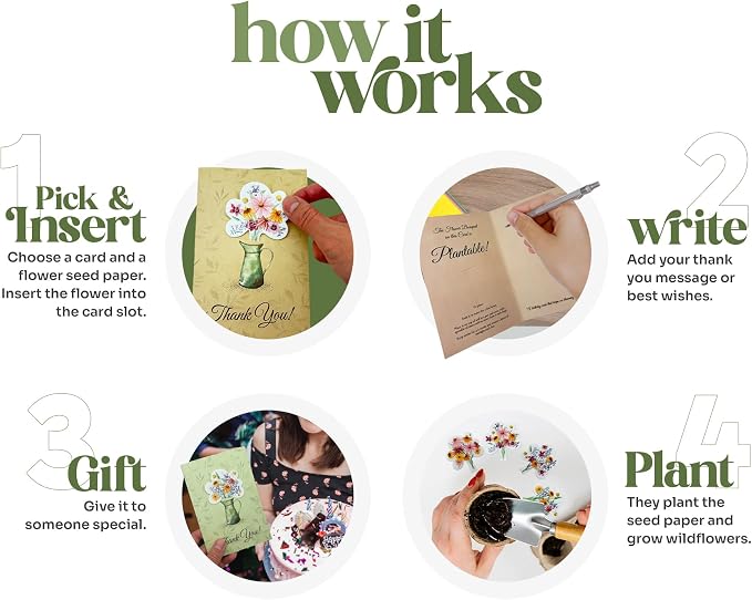 Thank You Cards – 4 Plantable Bouquet Inserts with Wildflower Seeds, 4 Greeting Cards & Envelopes for Weddings, Baby Showers, Teachers, Friends, Business, and Everyday Gratitude