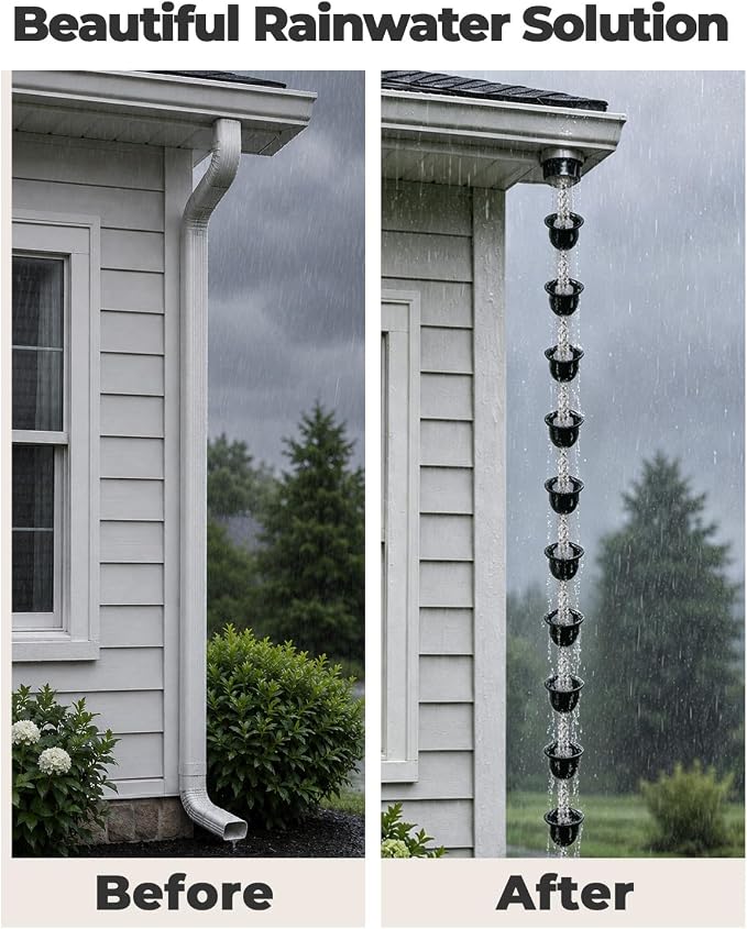 9.5FT Black Barrel-Shaped Rain Chain Durable Downspout Replacement | Rust-Resistant Metal Build, Bucket-Style Rain Water Catcher, Replaces Gutter Downspouts, Durable Outdoor Garden Yard Decor