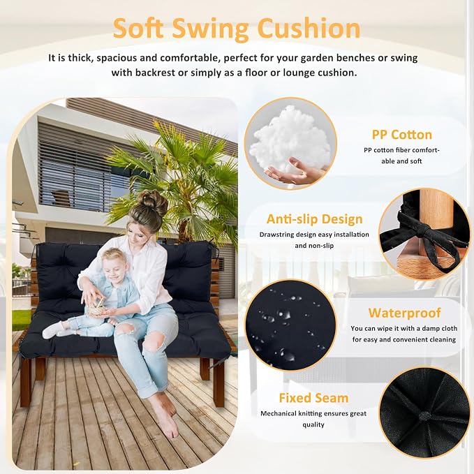 Swing Replacement Cushions for Outdoor: 2-3 Seater Waterproof Porch Bench Cushion with Backrest and Ties - 4" Thick Swing Cushion for Garden Patio Backyard Loveseat