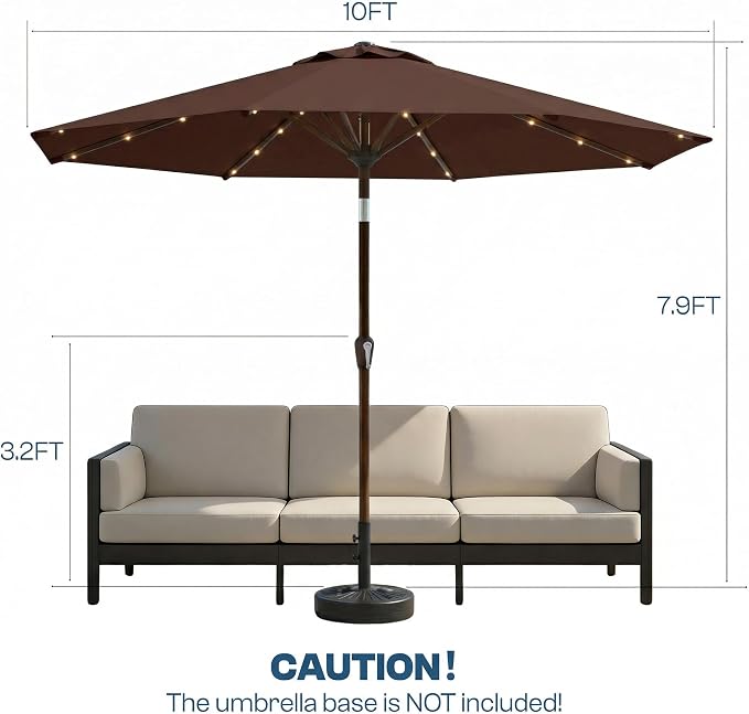 10FT Solar Patio Umbrella with Lights, Outdoor Table Market Umbrella with 32 LED Lights, 8 Sturdy Ribs, Push Button Tilt and Crank for Pool, Deck and Garden, UV-Resistant