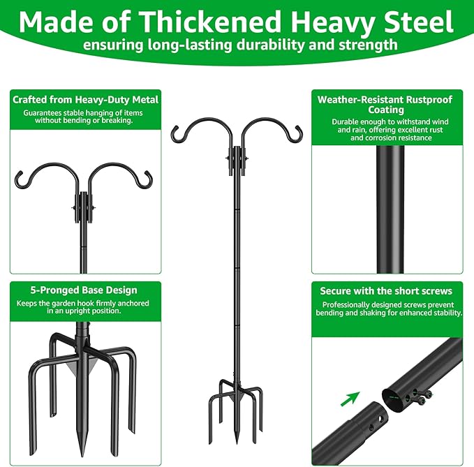 GOFORWILD Double Shepherds Hook for Outdoor, with 5-Prong Base, 84inch Adjustable Metal Bird Feeder Pole for Hanging Bird Nest, Plant Basket,Lantern,Solar Light 1 Pack