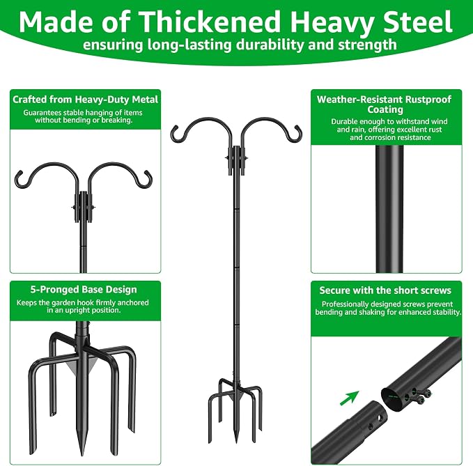GOFORWILD Double Shepherds Hook for Outdoor, with 5-Prong Base, 76inch Adjustable Metal Bird Feeder Pole for Hanging Bird Nest, Plant Basket,Lantern,Solar Light 2 Pack