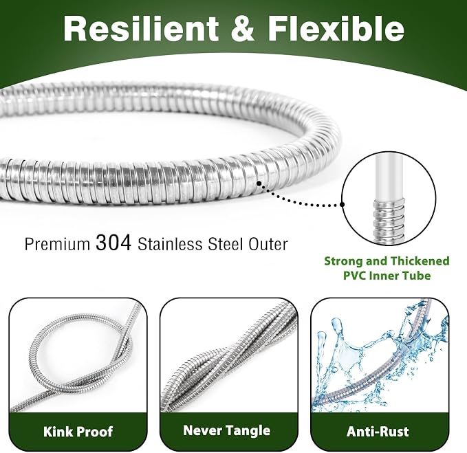 100FT Metal Garden Hose 304 Stainless Steel Flexible Water Hose - No Kink & Tangle Heavy Duty Pipe with Nozzle, Durable 3/4 Brass Fittings and Valve - Rust Proof Puncture Proof for Yard Lawn