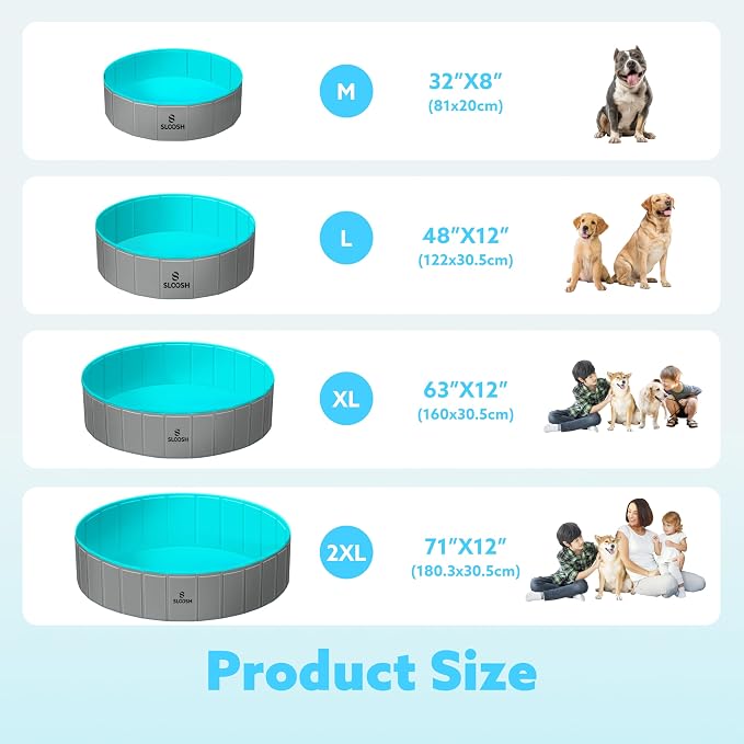 SLOOSH Foldable Dog Kiddie Pool - Portable Hard Plastic Doggie Swimming Pool, Anti-Slip Collapsible Pets Bath Tub Suitable for Kids Toddler Indoor Outdoor Backyard Use (Gray, 63" x 12")