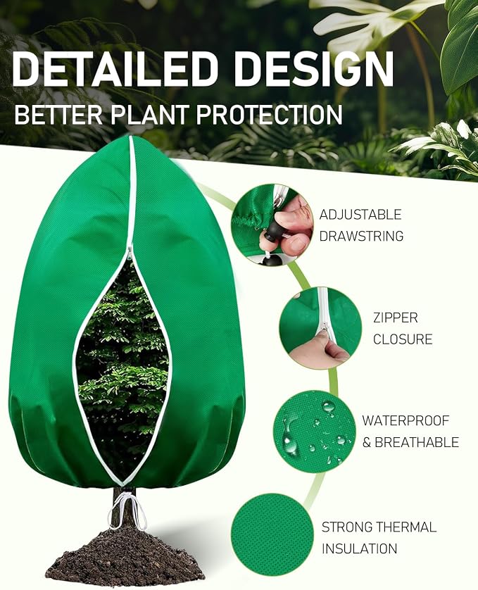 Winter Plant Covers Freeze Protection, 2 Pack Frost Covers (31.5" x 47.3"), with Zipper and Drawstring Reusable, 2.36 oz/yd² Frost Blankets for Outdoor Plants, for Potted Shrubs Fruit Trees