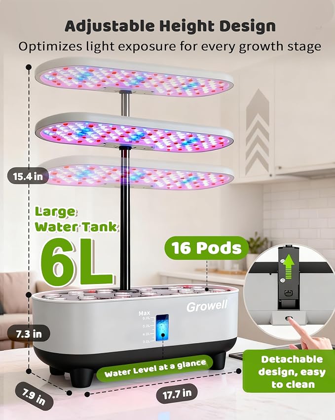 Growell 16 Pods Hydroponics Growing System Kit with 3 Light Modes & 2 Timer | Smart Water Circulation, LED Grow Light, 8L Large Water Tank, Coutertop, Indoor Herb Garden, Perfect Gardening Gifts, Gray