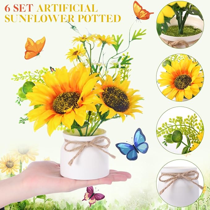 Zeyune 6 Pcs Sunflower Potted Plants Rustic Summer Spring Kitchen Wedding Table Centerpieces Silk Yellow Fake Flower with Plastic Pot for Home Bathroom Office (White,Sunflower)