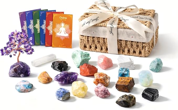 MYDAYS&DESIGN 18Pcs Crystals and Healing Stones Set in Rattan Box, 17 Premium Raw Chakra Stones, 1 Amethyst Tree, Guide for Beginners, Meditation Yoga Home Decor, Healing Crystal Gifts for Women