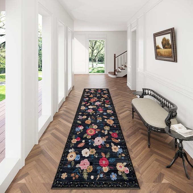 Machine Washable Rug Runners for Hallways: 2x10 Kitchen Rugs Non Slip Low Pile Soft Faux Wool Distressed Vintage Lightweight Floral Runner Rug for Entryway Bedroom Foyer Home Office Farmhouse Indoor