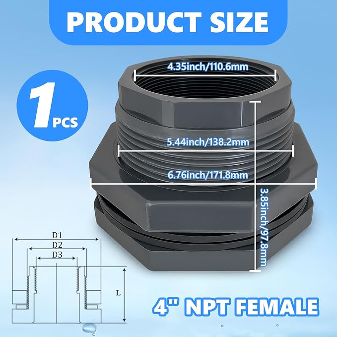 1 Pcs 4 Inch Bulkhead Fitting PVC - Heavy-Duty Plumbing Kit for Water Tank, Aquariums, Rain Barrels & Pools with Reinforced Seals (Female/Internal Thread, Requires 5-3/4" Hole Saw)