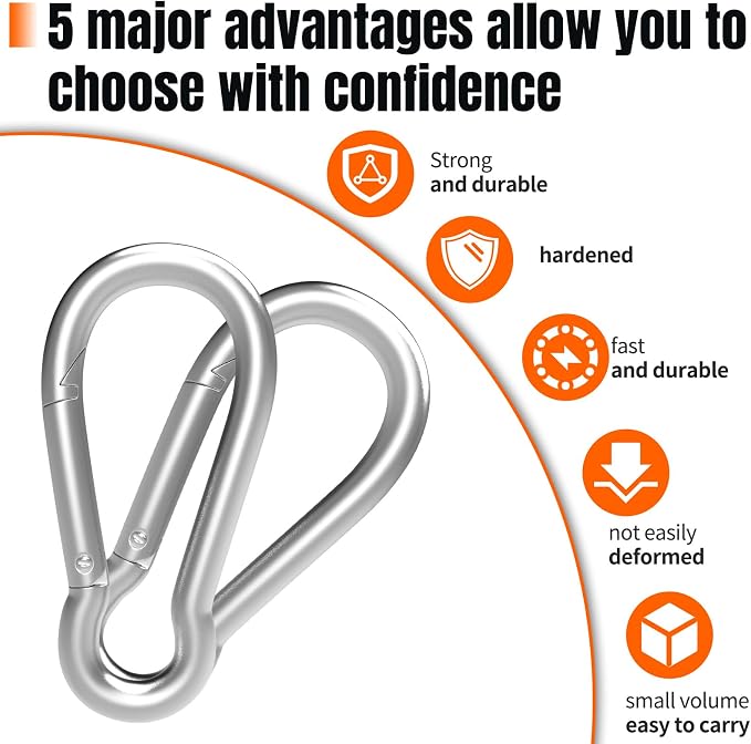 Heavy-Duty Carabiner Clip 1.57"–5.5", Black/Silver Spring Snap Hook, Quick Link Keychain Clip for Keys, Swing Set, Camping, Fishing, Hiking & Traveling (120–1350 lbs)