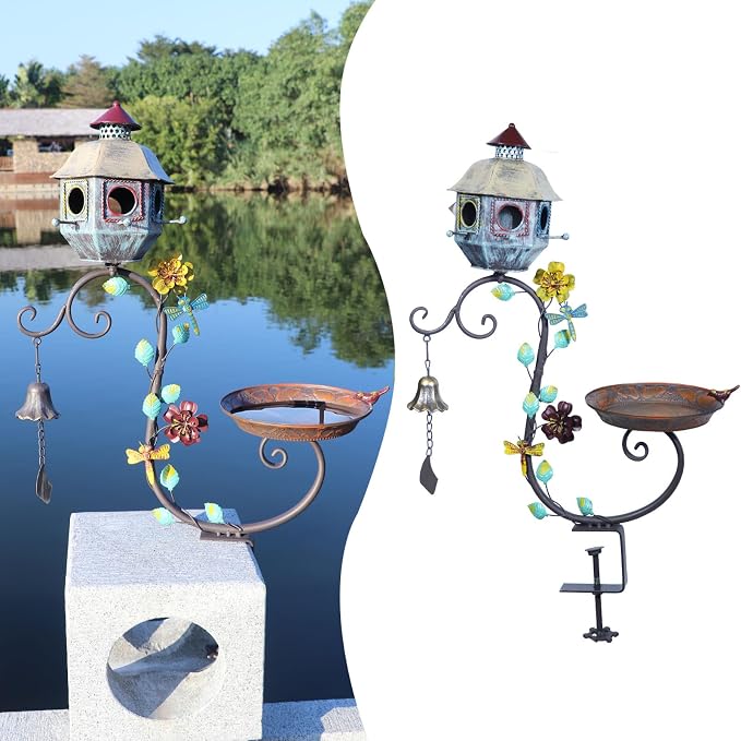 HLQMFHT Deck Bird Bath, Metal Bird Bath and Bird Houses, Decorative Deck Mounted Bird Baths, Detachable and Adjustable Sturdy Deck Bird Bath for Outdoor Porch Yard Garden Decoration