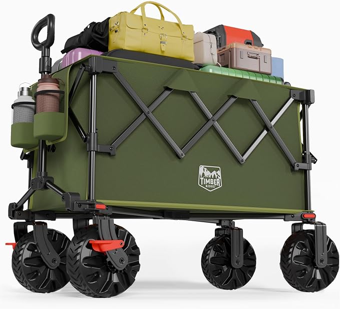TIMBER RIDGE Outdoor Collapsible Folding Wagon with Brakes and Cup Holders, 500lbs Heavy Duty All Terrain Wheels Utility Cart for Shopping Camping Garden Sports, Green