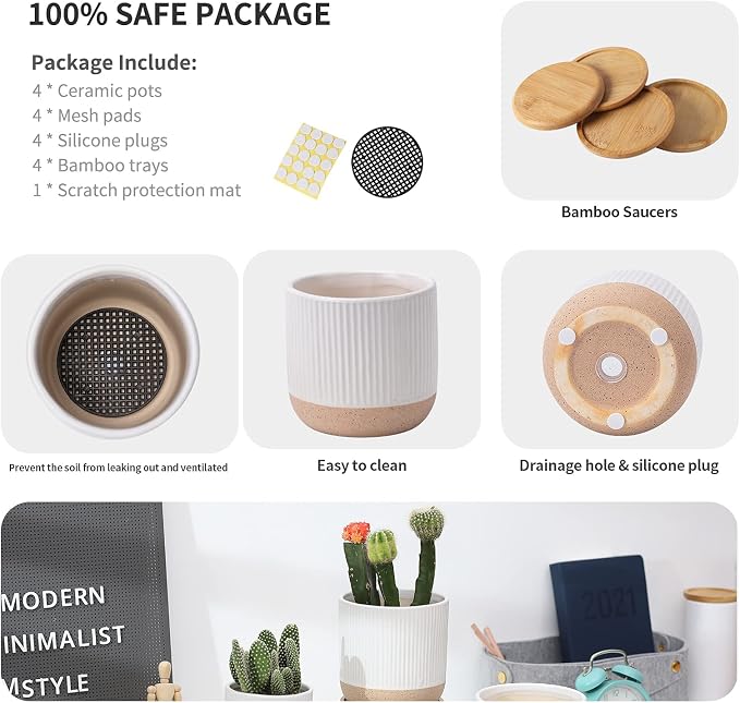 4" White Ceramic Plant Pots with Drainage Holes & Trays Set of 4 | Modern Small Minimalist Flower Planter Pot with Saucers for Indoor Plants, Succulent, Snake Plants, Cactus & Herbs