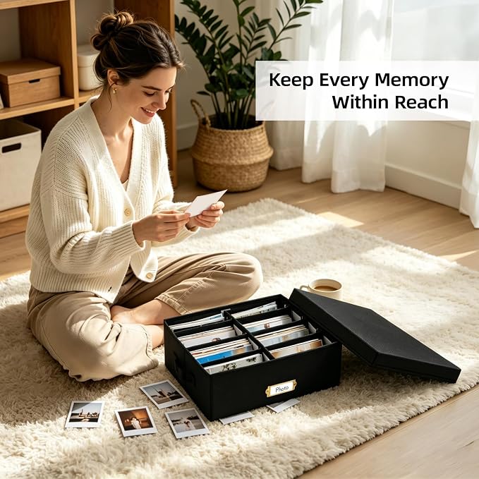 Linen Photo Storage Box with Adjustable Hook and Loop Dividers, Holds 1700 4"x6" Photos, Collapsible Picture Organizer with Handle and Label Stickers, Memory Keepsake Box for Women, Black