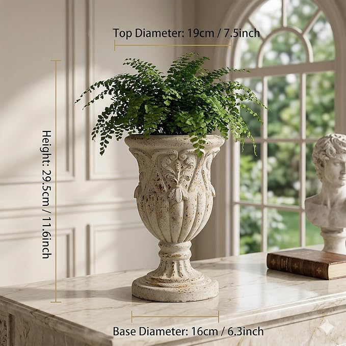 12 Inch Vintage Urn Planters for Outdoor Plants, Embossed Design Durable and Sturdy Resin Fiber Flowerpots with Drainage Hole, Decorative Orchid Houseplant Pot Indoor Outdoor Plant Container