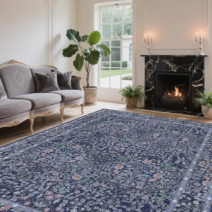 5x7 Washable Area Rugs for Living Room, Stain Resistant Vintage Rugs for Dining Room Under Kitchen Table, Bedroom, Floral Low Pile Non-Slip Large Carpet (5 x 7 Blue)