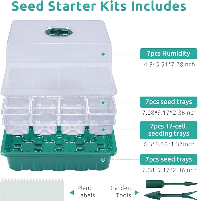 7 Packs Seed Starter Tray, 84 Separate Cells Seedling Starter Trays Kit with Humidity Dome and Base Indoor Greenhouse Mini Propagator, Reusable Seedling Tray for Plants Indoor-Clear