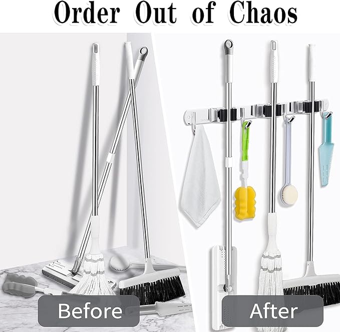 2 Pack 3 Racks and 4 Hooks Broom and Mop Holder Wall Mounted Garage Organizer Storage Tool Racks Stainless Steel Heavy Duty Hooks Self Adhesive Solid Non-slip Wall Hangers for Home Kitchen Garden | Mop Holder Wall Mount and Broom Hanger for Garage, Lau...