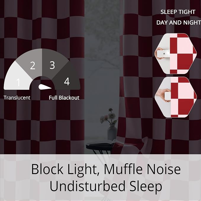 100% Blackout Checkered Curtains – 2 Panels, Each W52×L63, Thermal Insulated, Nosie Reducing for Bedroom, Modern Pink and Red Checkerboard Design for Girls Room
