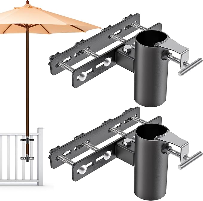 Heavy Duty Deck Railing Umbrella Holder, Adjustable Patio Umbrella Stand for 1-2 Inch Poles, Secure & Sturdy Railing Mount, Maximizes Deck Space