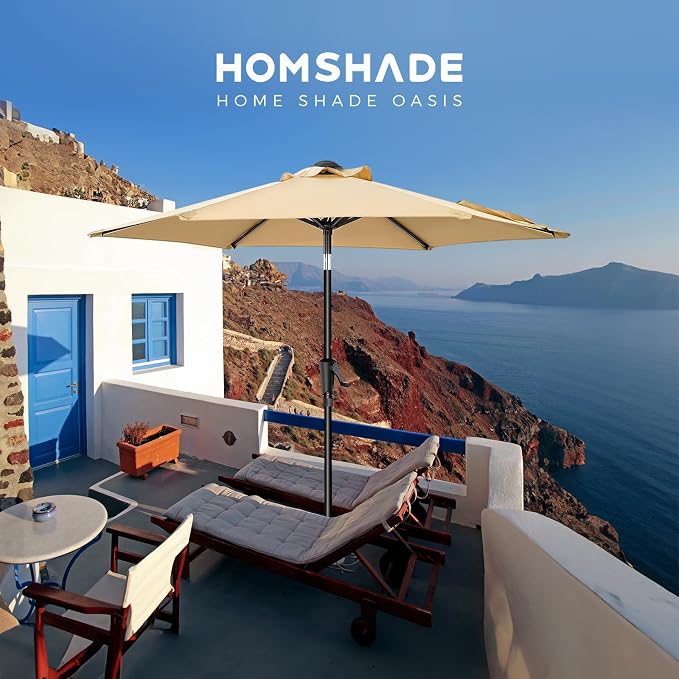 HOMSHADE 7.5ft Outdoor Patio Umbrella - Market Table Pool Deck Umbrella UPF50+ UV Protection with Push Button Tilt, Crank and 6 Sturdy Ribs (Beige, No base)