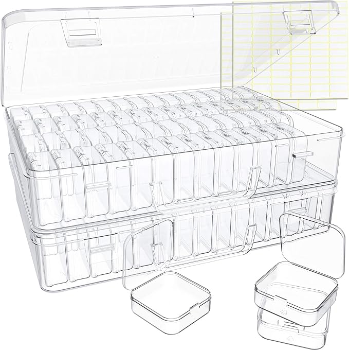 Bead Organizer Box, 120 Pack Small Clear Storage Boxes with Labels, Large Travel Craft Case with Handle, Mini Plastic Containers for Jewelry Making Diamonds DIY Pony Bracelet Screws Seeds Small Parts
