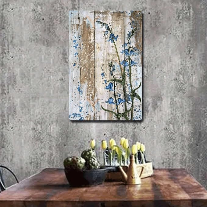 Metal Sign Tin Sign Vintage Wall Art Shabby Chic Bluebell Tin Sign for Woodland Enchantment Rustic Wall Art and Distressed Wood Panels Signs for Garden for Room 8×12 Inches