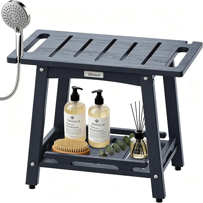 22" Large Shower Bench Seat, Non-Slip Shower Benches for Inside Shower to Sit on, HDPE Waterproof Shower Stool, Shower Chair with Adjustable Feet for Bathroom, Indoor/Outdoor Use, Blue