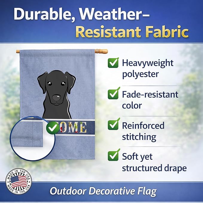 Caroline's Treasures BB1421CHF Black Labrador Welcome House Flag, Blue Large Porch Sleeve Pole Decorative Outside Yard Banner Artwork Wall Hanging, Polyester, House Size, Multicolor