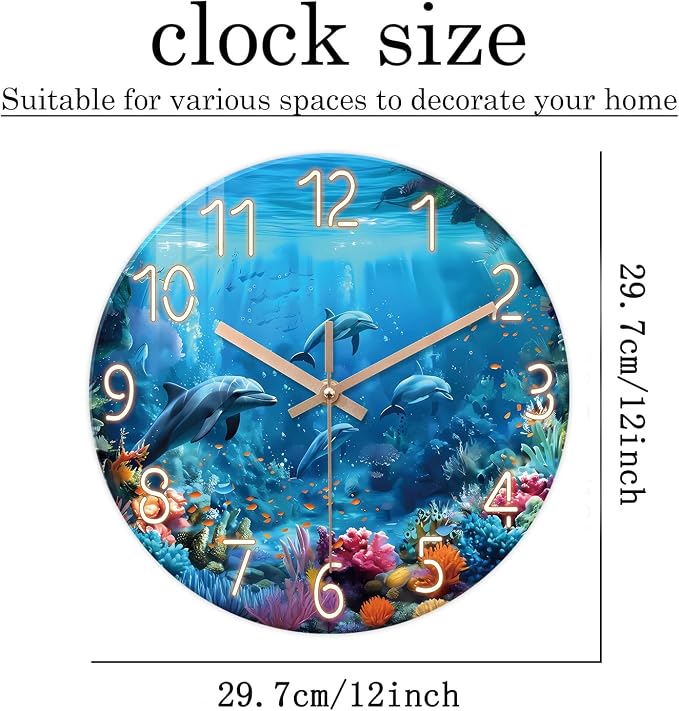 XFM Blue Ocean Wall Clock 12 Inch Round Silent Wall Clocks Battery Operated Nautical Themed Dolphin Tropical Decorative Clock for Living Room Bathroom Decor