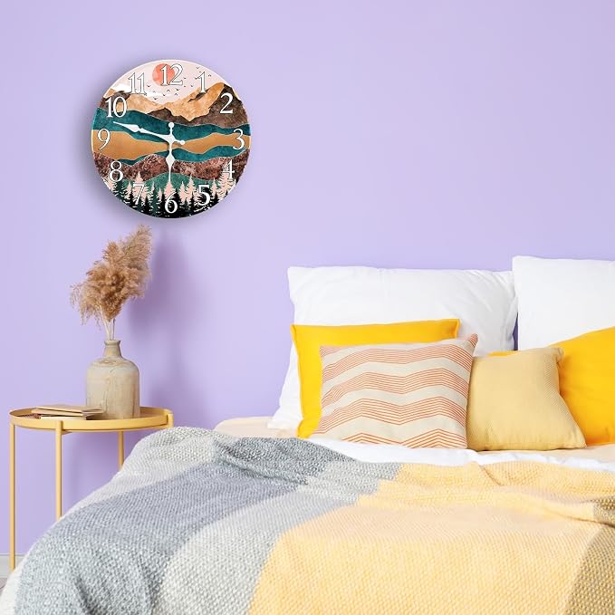 Britimes Round Wall Clock Silent Non-Ticking Battery Operated Outdoor Waterproof Glass Clock 12 Inch, Sunrise Mountain Forest Home Decor for Living Room, Kitchen, Bathroom, Bedroom, and Office