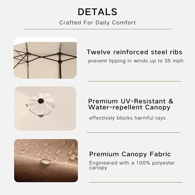 Kingdura 13ft Large Patio Umbrella with Base Included, Double-Sided Rectangle Outdoor Table Umbrella with 12 Reinforced Ribs, Crank Lift for Market Pool Deck Backyard, Beige