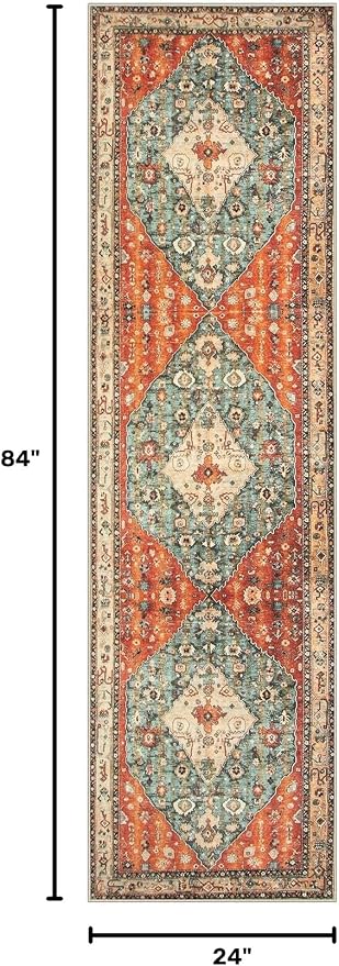 Lahome Felice Boho Tribal Runner Rug - 2x7 Hallway Kitchen Runner Rug Washable Bathroom Laundry Mat Faux Wool Non-Slip Floor Carpet for Entryway Bedroom Living Dining Room,Rust/Dull Teal