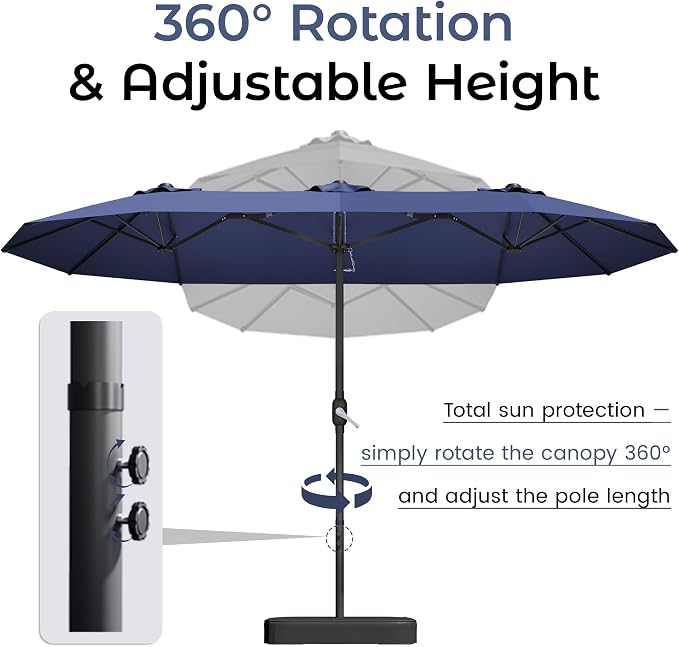 DomeShade 15ft Patio Umbrella with Base,Large Outdoor Double-Sided Rectangle Umbrella with Crank Handle, Market Umbrella for Poolside Garden Deck Backyard Beach Pools, Navy Blue