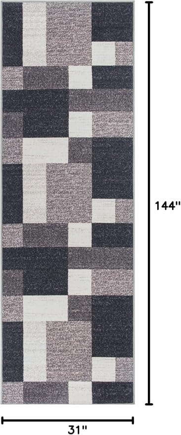 Rugshop Modern Boxes Non-Slip Living Room Runner Rug Gray 2'7" x 12' | Runner, Size 2'7" x 12', Bedroom, Dining Room, Home Office, Kitchen, Entryway, Hallway, Nursery, Kids Room, Guest Room