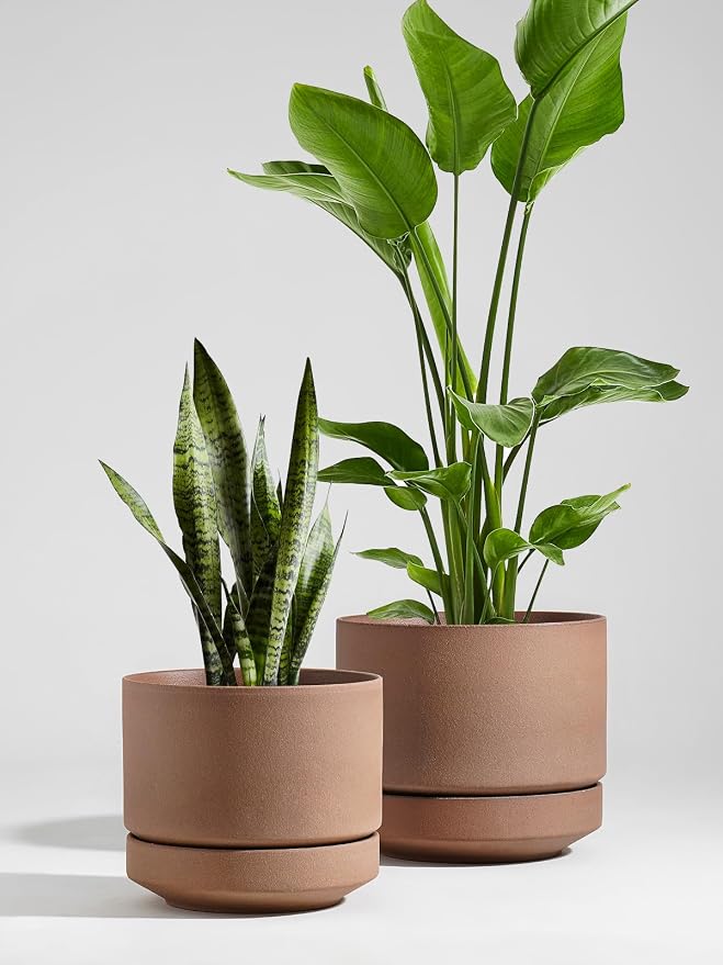 LE TAUCI Large 14 Inch Plant Pot with Saucer | Ceramic Outdoor & Indoor Big Planter Pot | Drainage Hole, Mesh Pad | Unglazed Porous | Modern Minimalist for Home and Patio – Terracotta Color