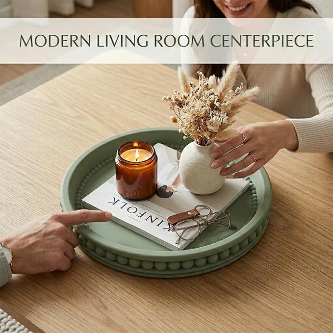 11" Round Concrete Decorative Centerpiece Tray for Coffee Table Sage Green | Modern minimalist centerpiece tray for coffee table, living room, dining & office storage display, sturdy tabletop home decor