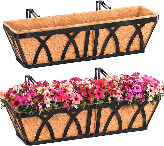 HKZ Deck Balcony Railing Planter Window Boxes - 2 Pack 24 Inch Planter Box, Balcony Planters Railing Hanging, Window Boxes Outdoor Fence Planters